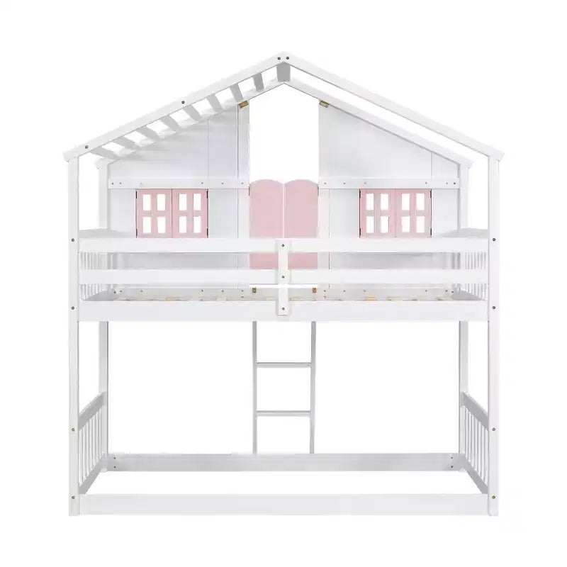 Lit superposé en forme de maison, lits jumeaux superposés avec toit et fenêtres pour enfants, cadre de lit superposé en bois avec porte, échelle et garde-corps