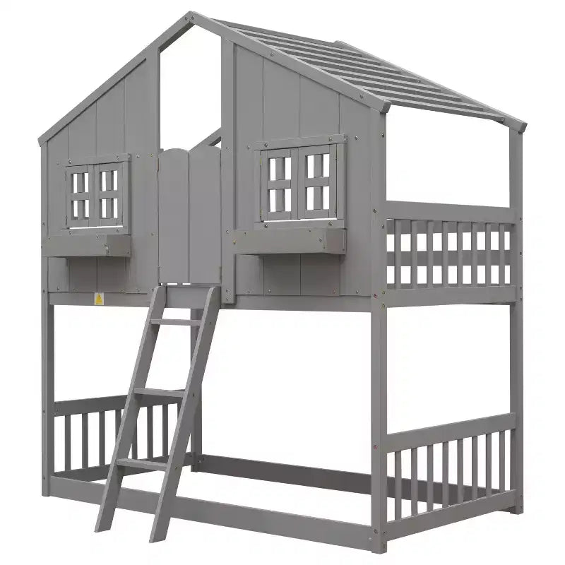 Lit superposé en forme de maison, lits jumeaux superposés avec toit et fenêtres pour enfants, cadre de lit superposé en bois avec porte, échelle et garde-corps