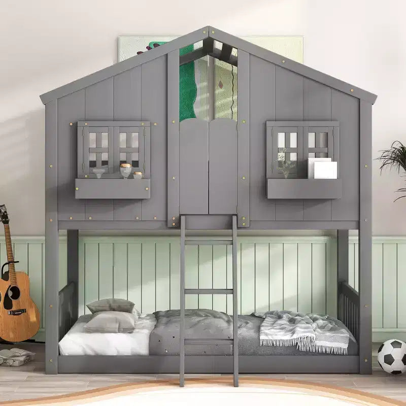 Lit superposé en forme de maison, lits jumeaux superposés avec toit et fenêtres pour enfants, cadre de lit superposé en bois avec porte, échelle et garde-corps