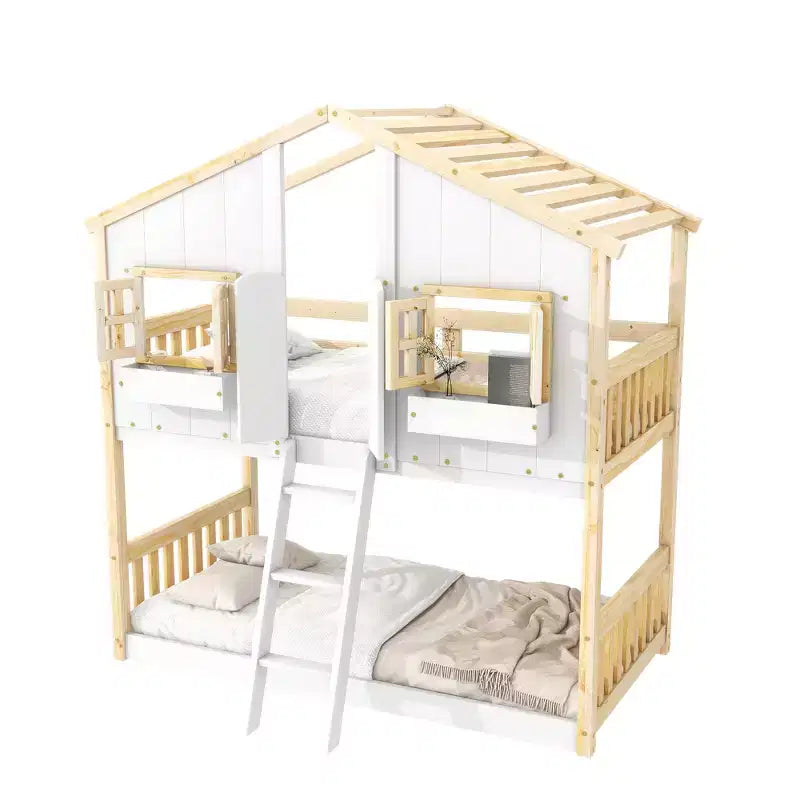 Lit superposé en forme de maison, lits jumeaux superposés avec toit et fenêtres pour enfants, cadre de lit superposé en bois avec porte, échelle et garde-corps