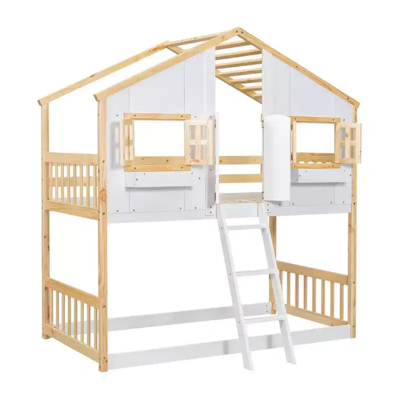 Lit superposé en forme de maison, lits jumeaux superposés avec toit et fenêtres pour enfants, cadre de lit superposé en bois avec porte, échelle et garde-corps