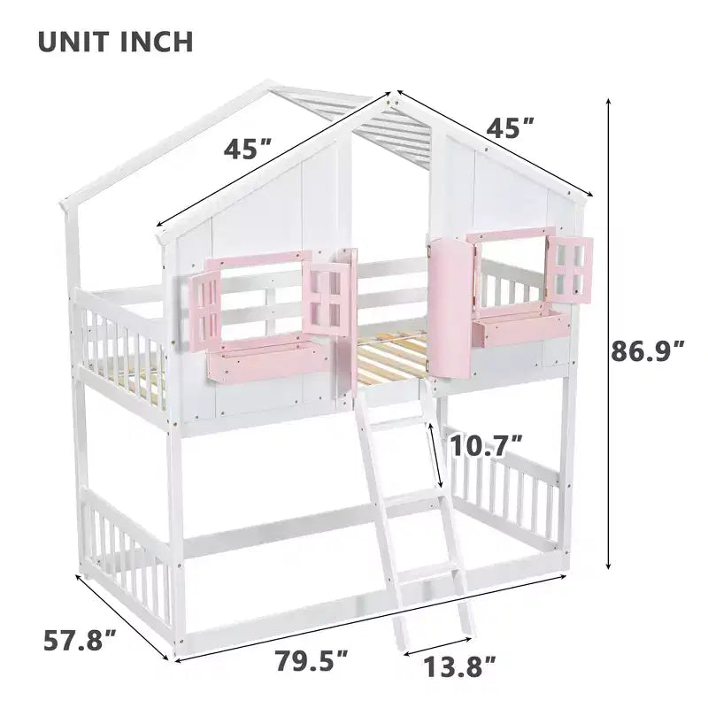 Lit superposé en forme de maison, lits jumeaux superposés avec toit et fenêtres pour enfants, cadre de lit superposé en bois avec porte, échelle et garde-corps