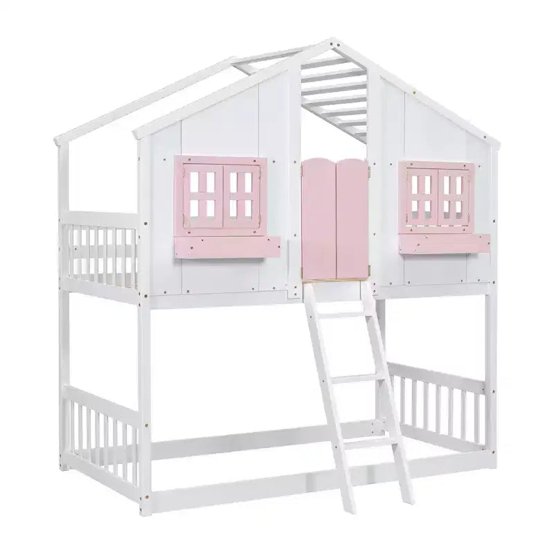 Lit superposé en forme de maison, lits jumeaux superposés avec toit et fenêtres pour enfants, cadre de lit superposé en bois avec porte, échelle et garde-corps