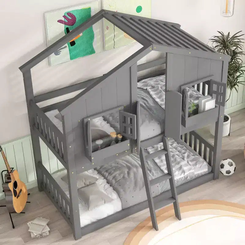 Lit superposé en forme de maison, lits jumeaux superposés avec toit et fenêtres pour enfants, cadre de lit superposé en bois avec porte, échelle et garde-corps