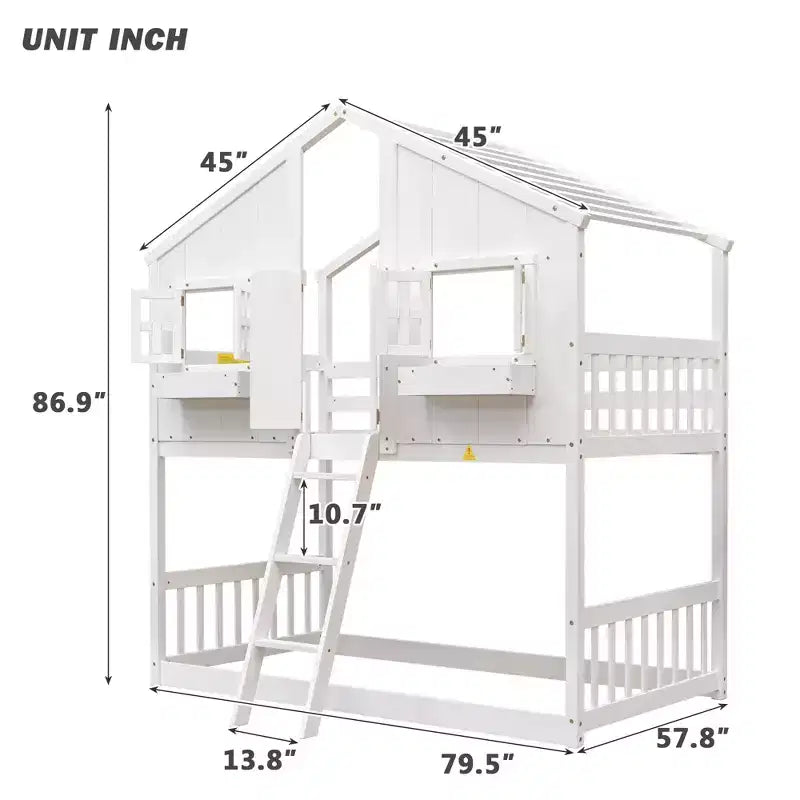 Lit superposé en forme de maison, lits jumeaux superposés avec toit et fenêtres pour enfants, cadre de lit superposé en bois avec porte, échelle et garde-corps