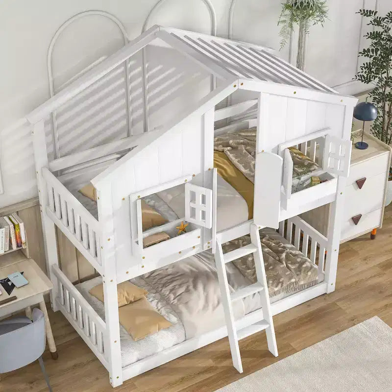 Lit superposé en forme de maison, lits jumeaux superposés avec toit et fenêtres pour enfants, cadre de lit superposé en bois avec porte, échelle et garde-corps