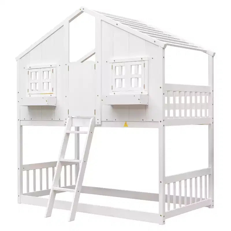 Lit superposé en forme de maison, lits jumeaux superposés avec toit et fenêtres pour enfants, cadre de lit superposé en bois avec porte, échelle et garde-corps