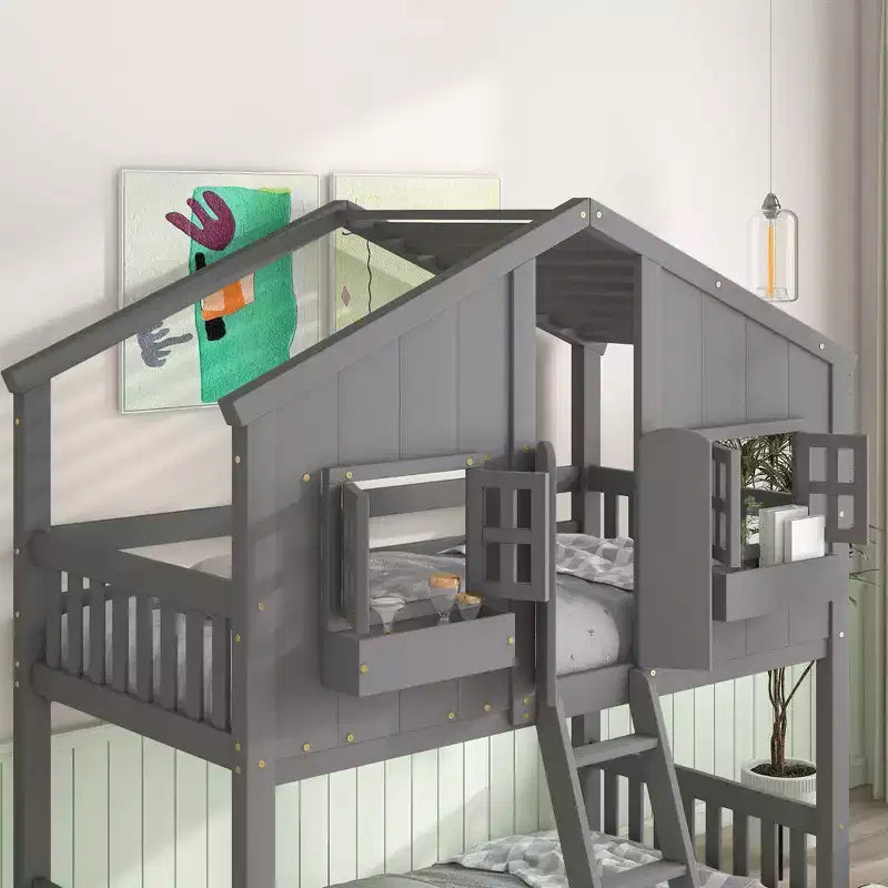 Lit superposé en forme de maison, lits jumeaux superposés avec toit et fenêtres pour enfants, cadre de lit superposé en bois avec porte, échelle et garde-corps