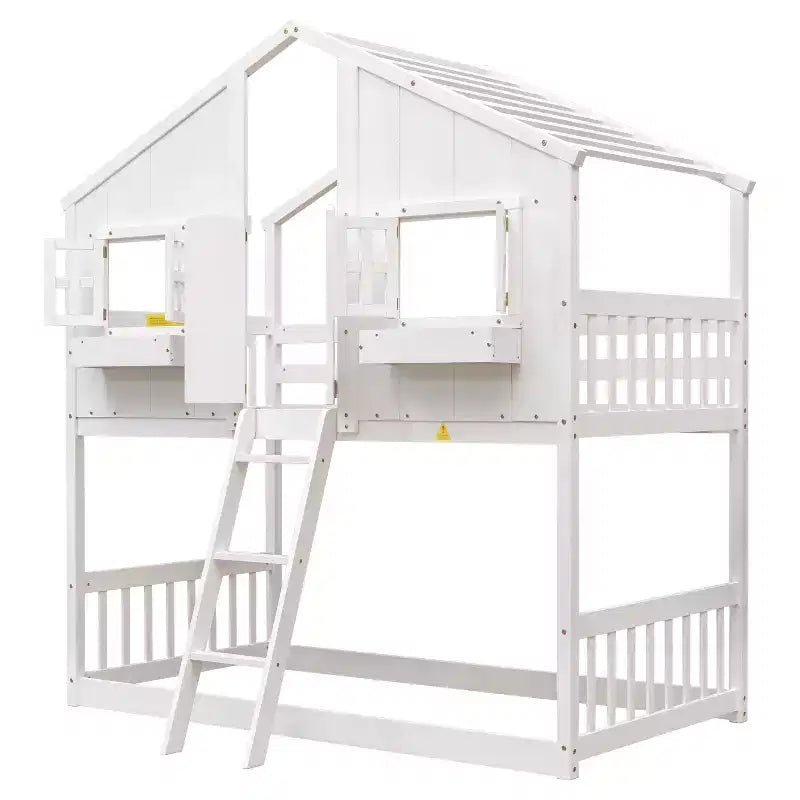 Lit superposé en forme de maison, lits jumeaux superposés avec toit et fenêtres pour enfants, cadre de lit superposé en bois avec porte, échelle et garde-corps