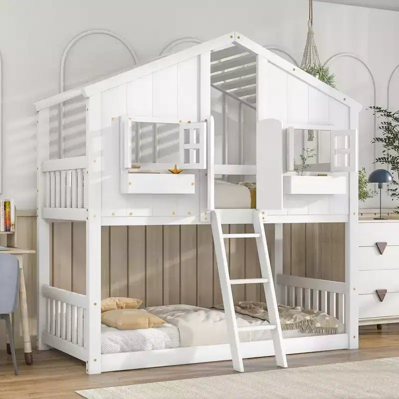Lit superposé en forme de maison, lits jumeaux superposés avec toit et fenêtres pour enfants, cadre de lit superposé en bois avec porte, échelle et garde-corps