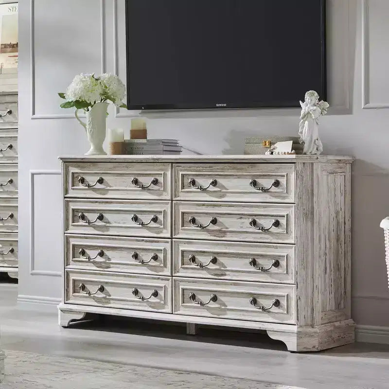 Commode rustique en bois à 8 tiroirs de 54 po de large avec texture naturelle, style vintage