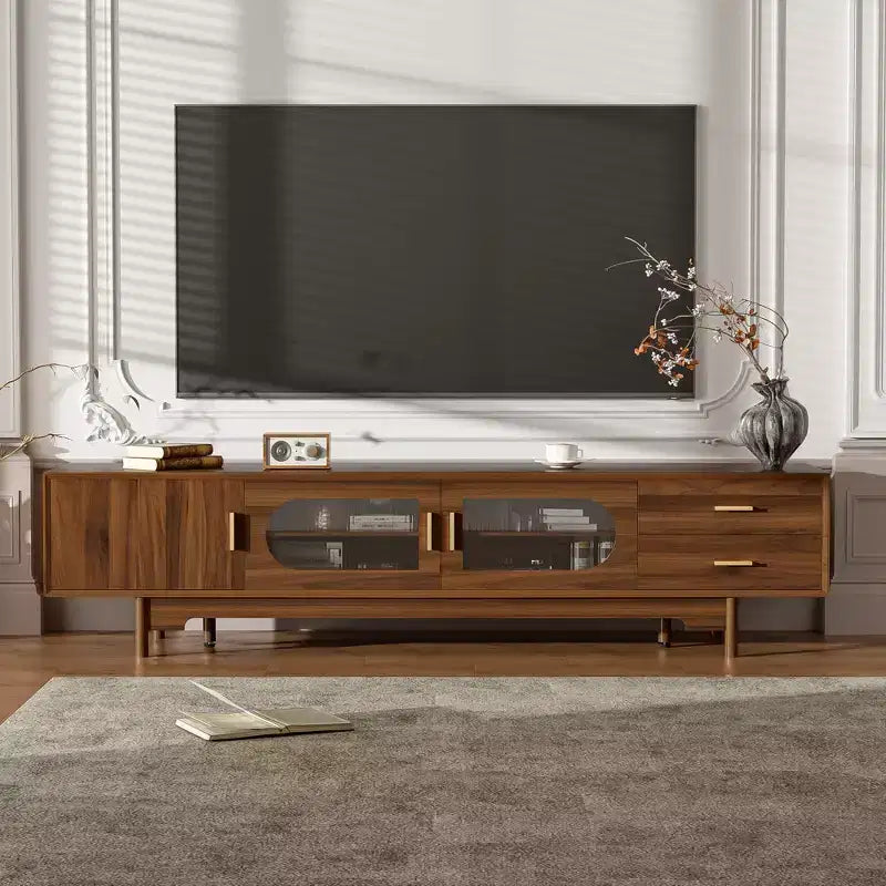 Meuble TV moderne de 198 cm avec portes en verre cannelé, 2 tiroirs et étagères