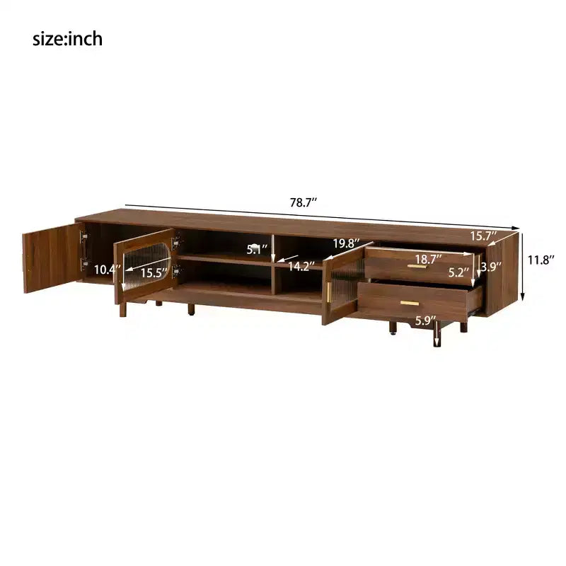 Meuble TV moderne de 198 cm avec portes en verre cannelé, 2 tiroirs et étagères