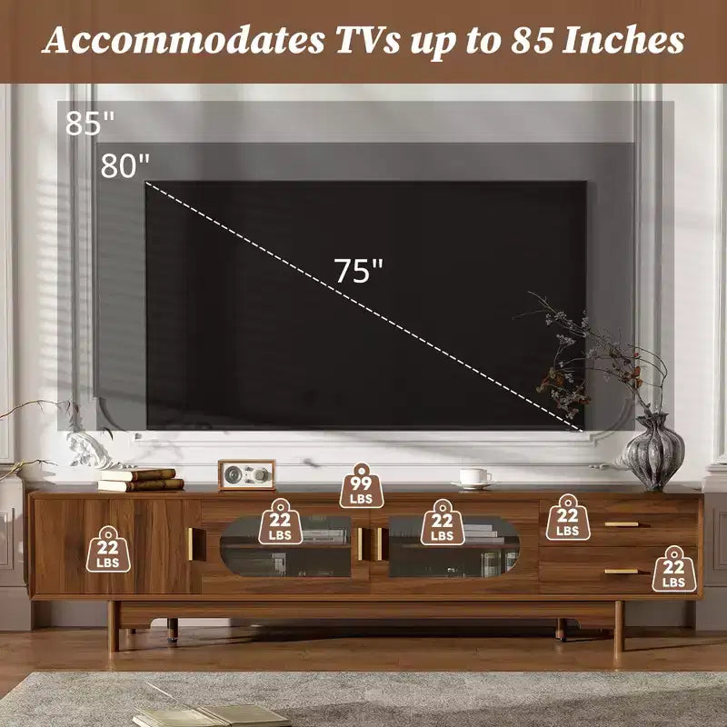 Meuble TV moderne de 198 cm avec portes en verre cannelé, 2 tiroirs et étagères