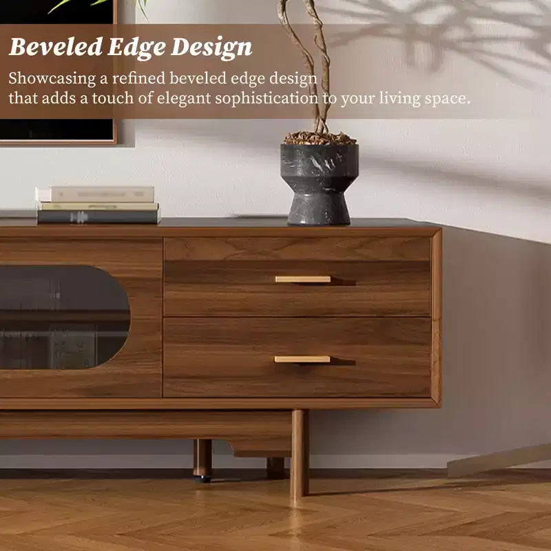 Meuble TV moderne de 198 cm avec portes en verre cannelé, 2 tiroirs et étagères