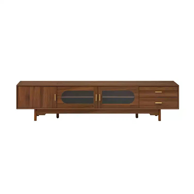 Meuble TV moderne de 198 cm avec portes en verre cannelé, 2 tiroirs et étagères