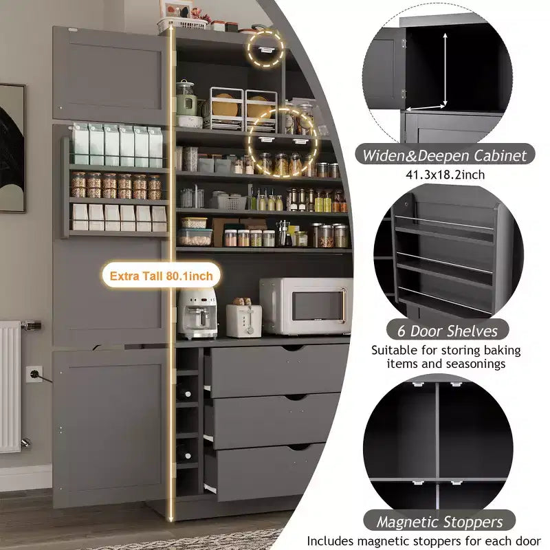 Garde-manger autoportant de cuisine de 203 cm de haut, buffet, grande armoire de rangement
