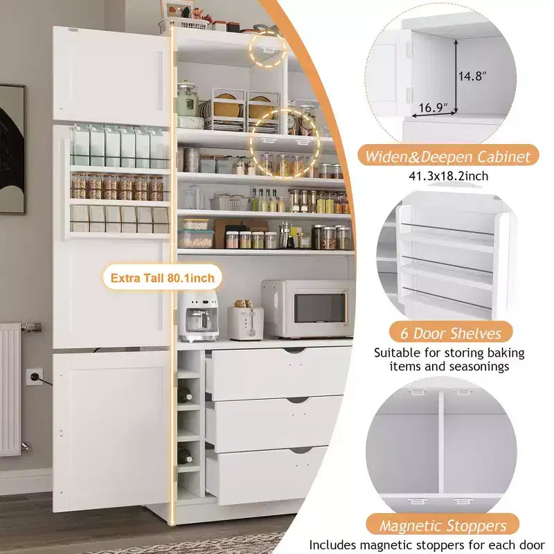 Garde-manger autoportant de cuisine de 203 cm de haut, buffet, grande armoire de rangement