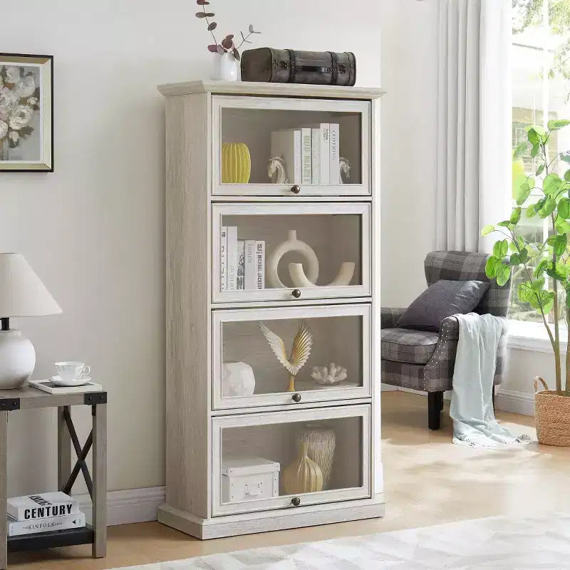 Bibliothèque d'avocat à 4 niveaux avec portes vitrées basculantes, vitrine de présentation de 160 cm pour objets de collection