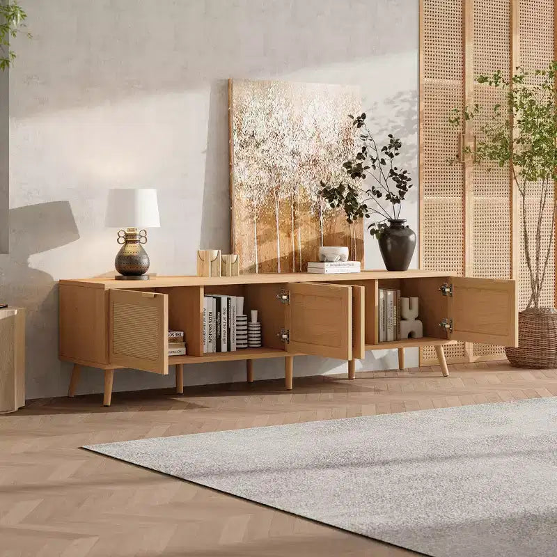 Meuble TV Boho de 70" pour téléviseurs de 80", avec portes en rotin et passe-câbles