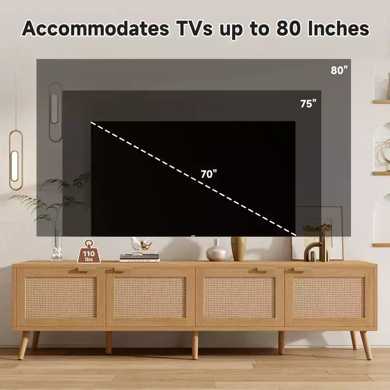 Meuble TV Boho de 70" pour téléviseurs de 80", avec portes en rotin et passe-câbles