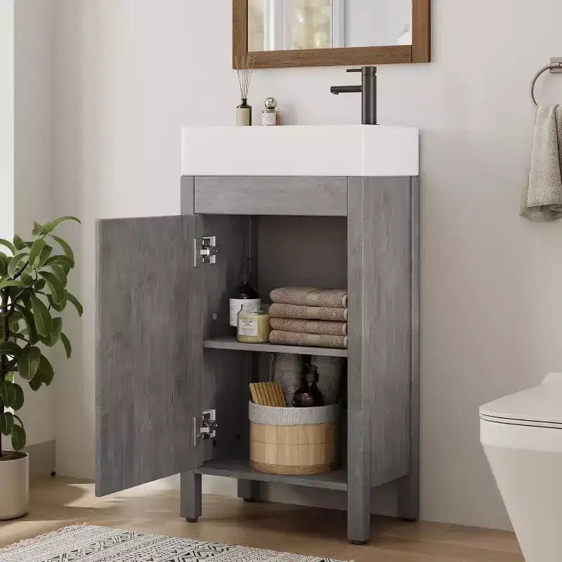 Meuble-lavabo 16 po avec lavabo et porte à fermeture amortie – Armoire de rangement compacte pour petite salle de bain ou salle d'eau
