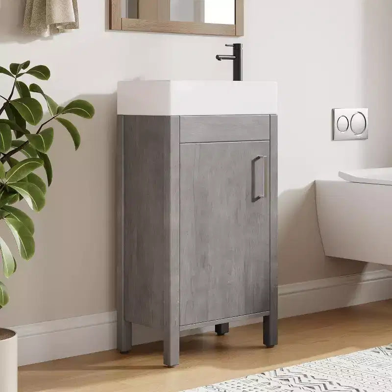 Meuble-lavabo 16 po avec lavabo et porte à fermeture amortie – Armoire de rangement compacte pour petite salle de bain ou salle d'eau