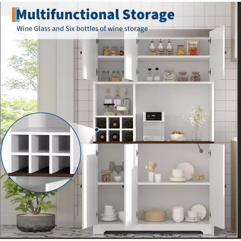 Armoire de rangement de cuisine blanche de 180 cm de haut avec station de recharge, meuble autoportant de style ferme avec support pour micro-ondes, tiroirs et espace de rangement pour bar à vin