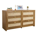 6-Drawer Rattan Double Dresser with Metal Handles Storage Cabinet for Bedroom Walnut