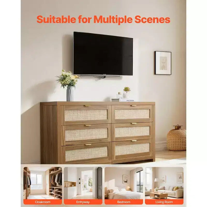 Commode double en rotin à 6 tiroirs avec poignées métalliques, meuble de rangement pour chambre à coucher, couleur noyer