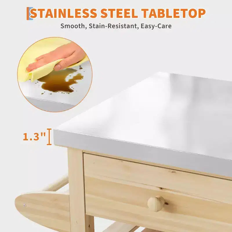 Chariot de cuisine d'extérieur pour terrasse, jardin – Structure en bois robuste, plateau en acier inoxydable, tiroir de rangement, étagères ouvertes, îlot de cuisine roulant avec porte-serviettes