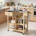 Chariot de cuisine d'extérieur pour terrasse, jardin – Structure en bois robuste, plateau en acier inoxydable, tiroir de rangement, étagères ouvertes, îlot de cuisine roulant avec porte-serviettes