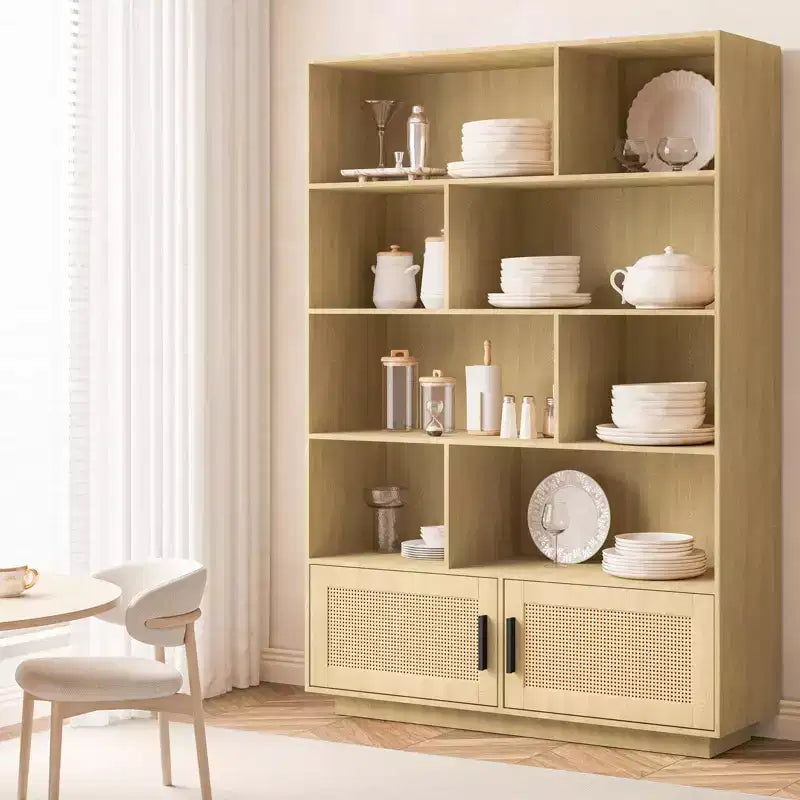 Étagère en rotin à 5 niveaux avec armoire de rangement et porte, bibliothèque industrielle haute avec rangement, bibliothèque à 5 étagères pour salon, chambre à coucher
