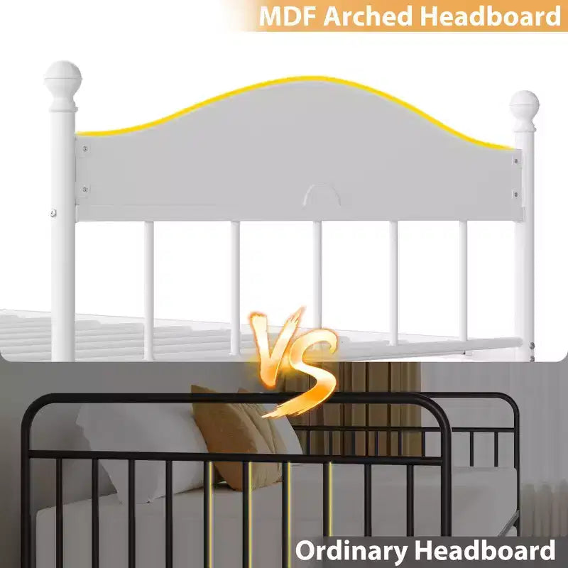 Lit de repos double, lit de repos en métal avec tête de lit élégante, espace de rangement sous le lit, plateforme à lattes en acier robuste pour salon, chambre à coucher et chambre d'amis