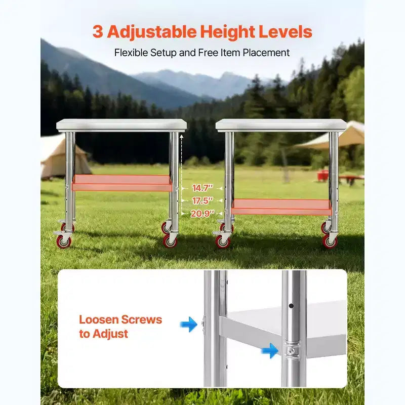 Table de préparation de cuisine en acier inoxydable 24 x 35 avec roulettes et étagère inférieure réglable