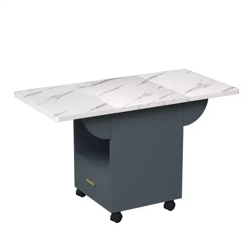 Table îlot de cuisine pliante, Table à manger aspect marbre avec roulettes, tiroir de rangement et étagère, Table polyvalente peu encombrante