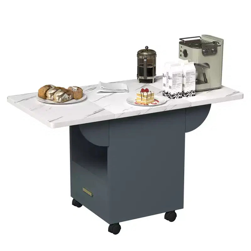Table îlot de cuisine pliante, Table à manger aspect marbre avec roulettes, tiroir de rangement et étagère, Table polyvalente peu encombrante