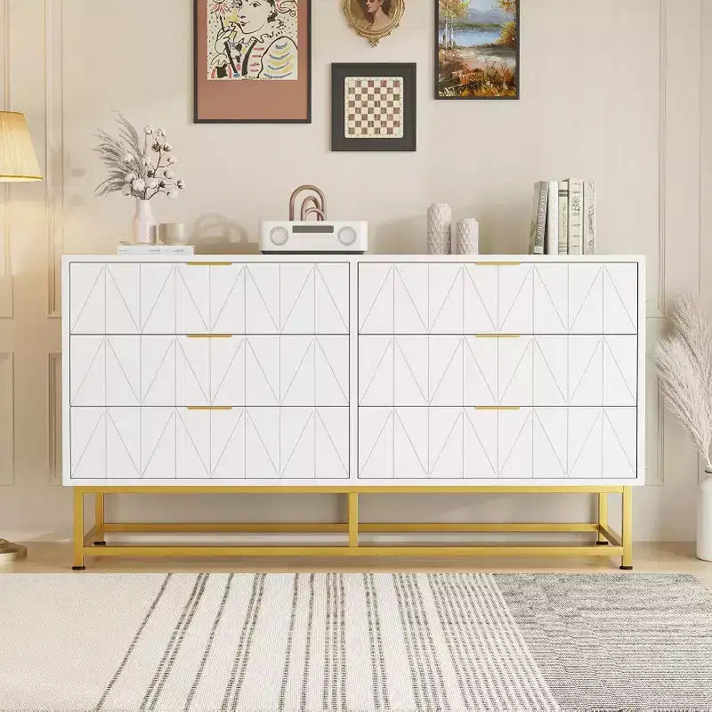 Commode à 6 tiroirs avec grand rangement, Organisateur de commode en bois avec pieds en métal, Commodes et chiffonniers pour Chambre, Salon, Couloir