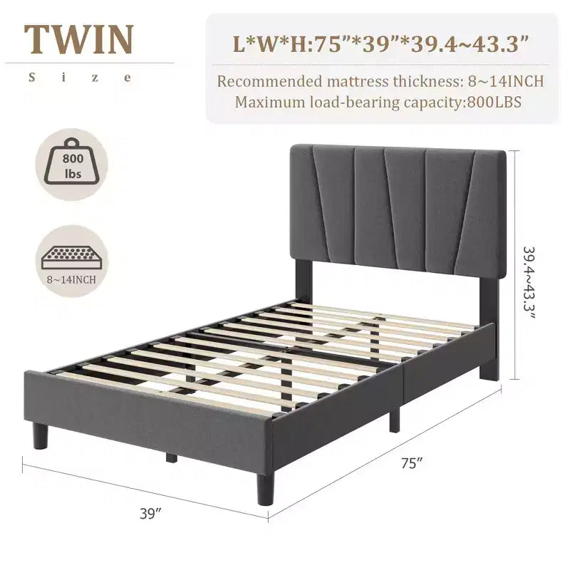 Cadre de lit double avec tête de lit réglable, lit plateforme rembourré en lin avec lattes en bois, pas besoin de sommier tapissier, assemblage facile, gris