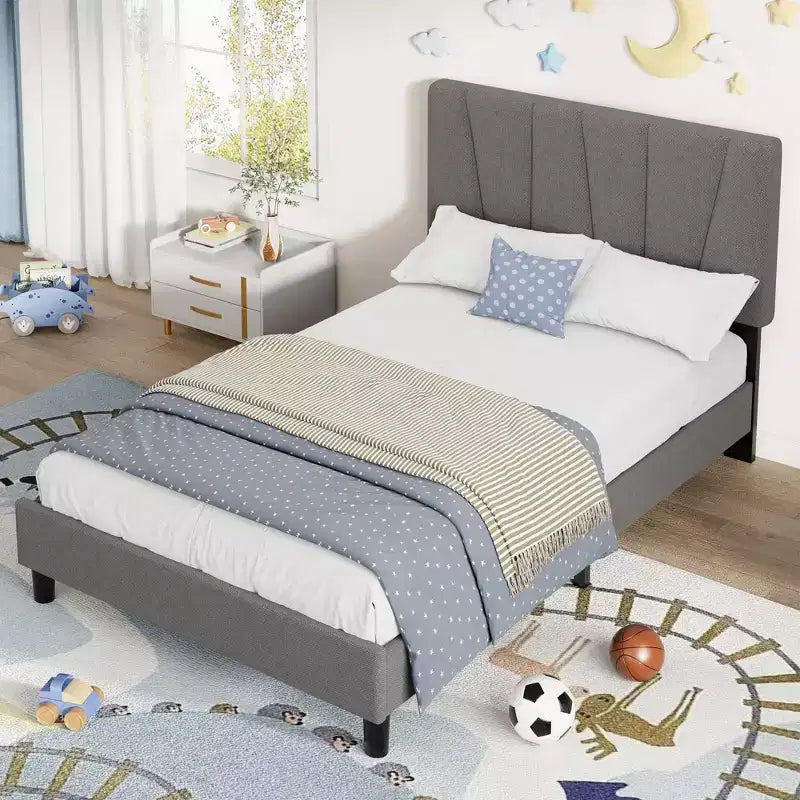 Cadre de lit double avec tête de lit réglable, lit plateforme rembourré en lin avec lattes en bois, pas besoin de sommier tapissier, assemblage facile, gris