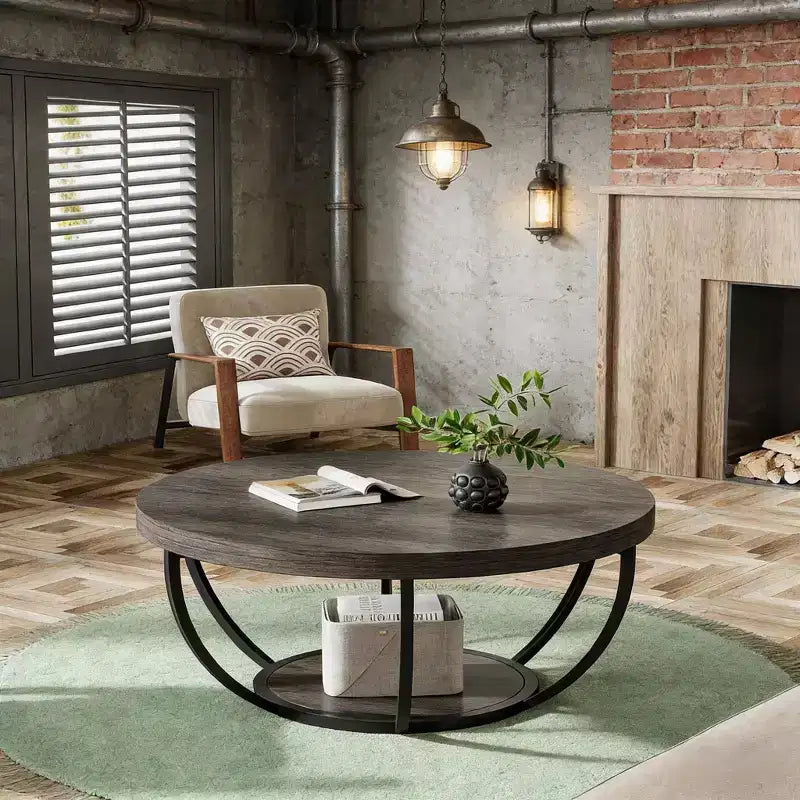 Table basse en bois, table basse de salon ronde à 2 niveaux avec étagères de rangement