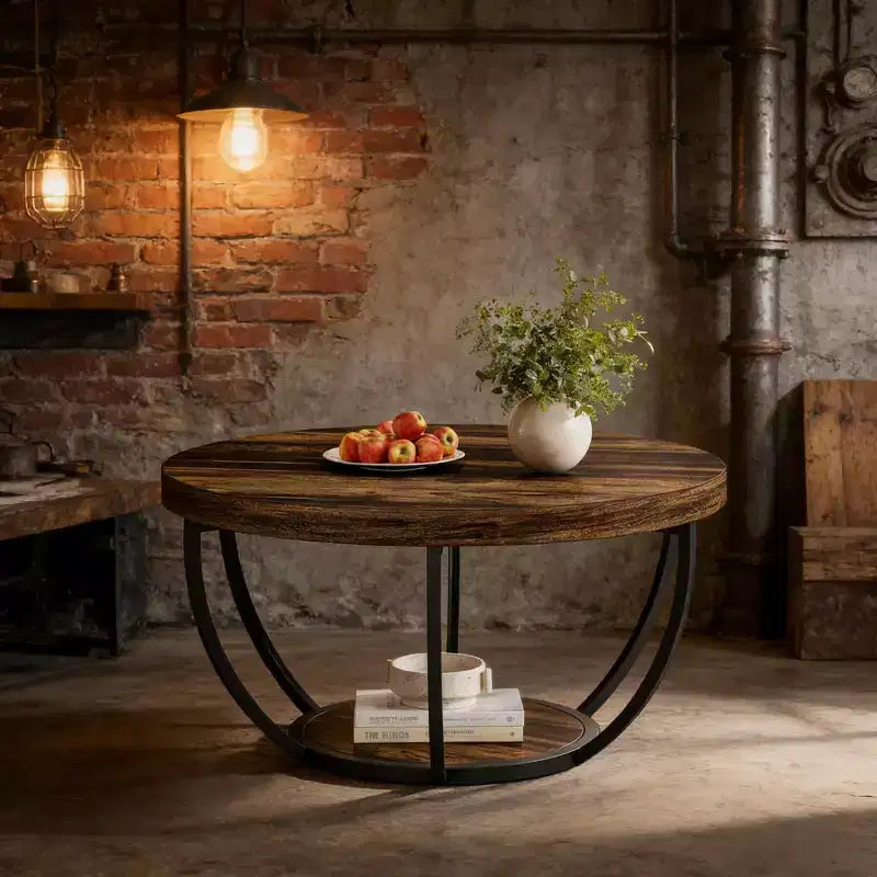 Table basse en bois, table basse de salon ronde à 2 niveaux avec étagères de rangement