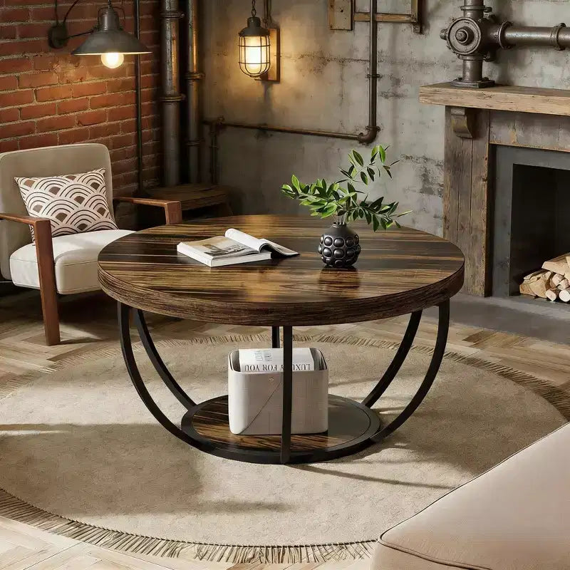 Table basse en bois, table basse de salon ronde à 2 niveaux avec étagères de rangement