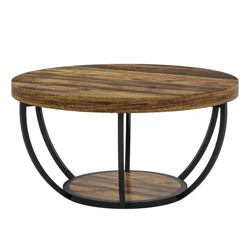 Table basse en bois, table basse de salon ronde à 2 niveaux avec étagères de rangement