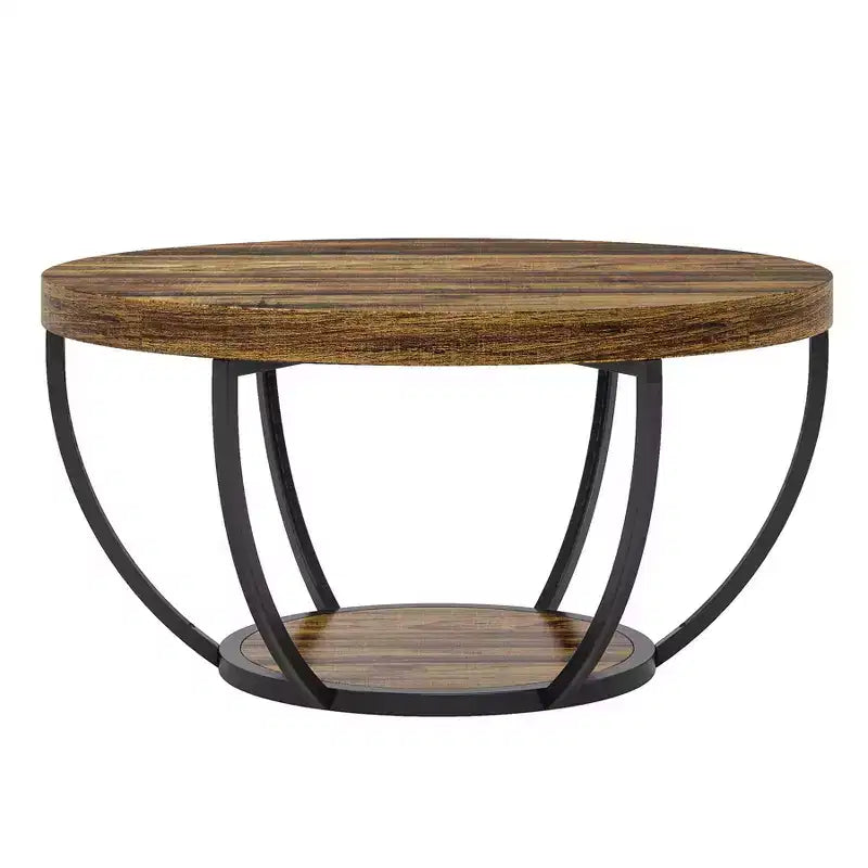 Table basse en bois, table basse de salon ronde à 2 niveaux avec étagères de rangement