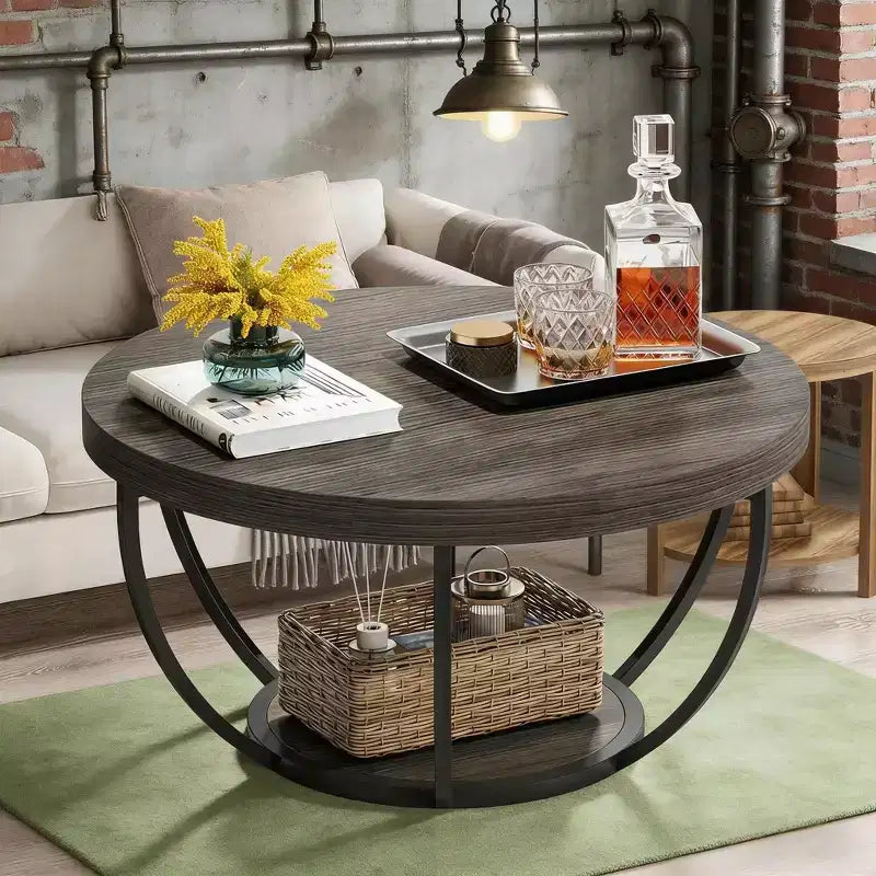 Table basse en bois, table basse de salon ronde à 2 niveaux avec étagères de rangement