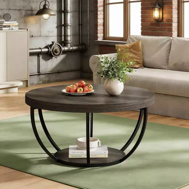 Table basse en bois, table basse de salon ronde à 2 niveaux avec étagères de rangement