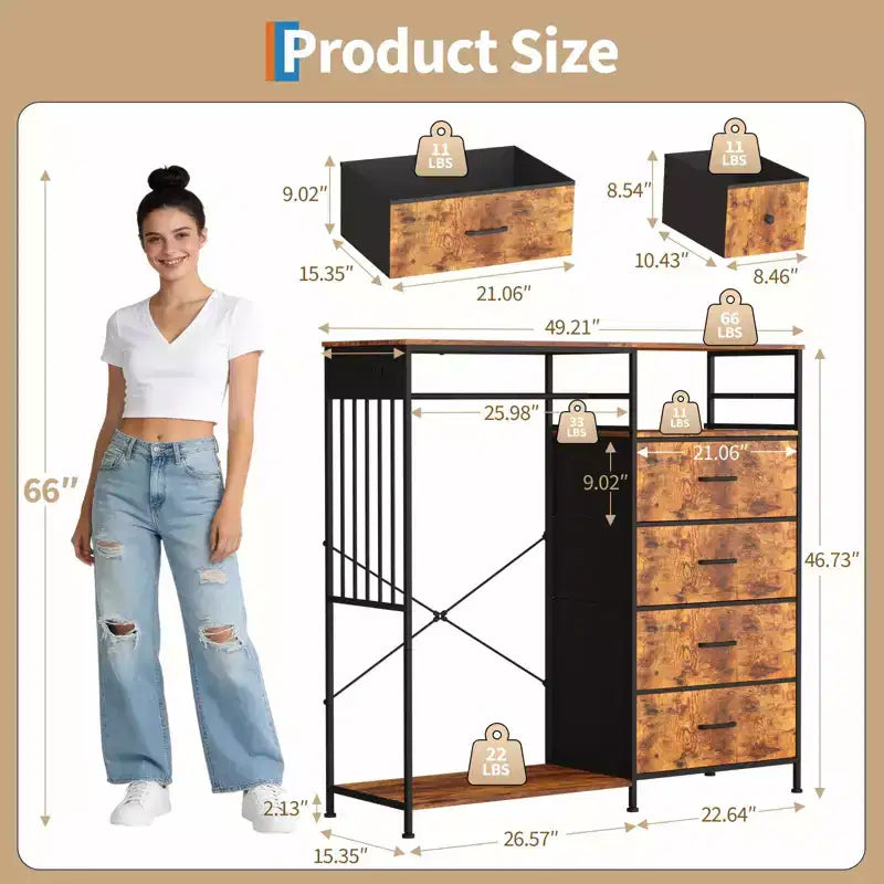 Commode à 6 tiroirs avec penderie, commode avec station de charge et lumières LED, commodes pour enfants avec porte-chaussures, commode pour chambre à coucher