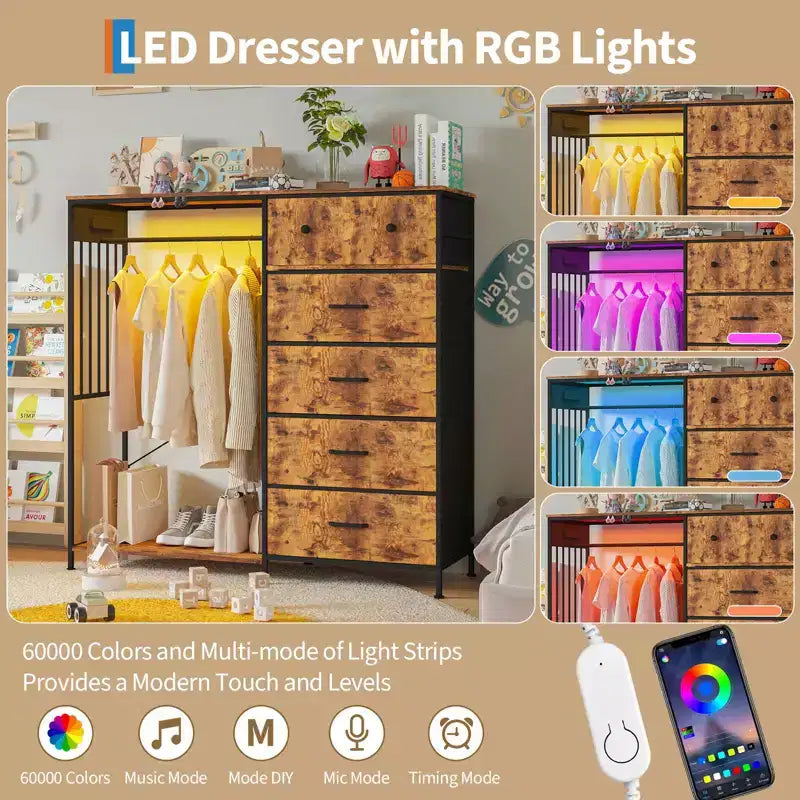 Commode à 6 tiroirs avec penderie, commode avec station de charge et lumières LED, commodes pour enfants avec porte-chaussures, commode pour chambre à coucher