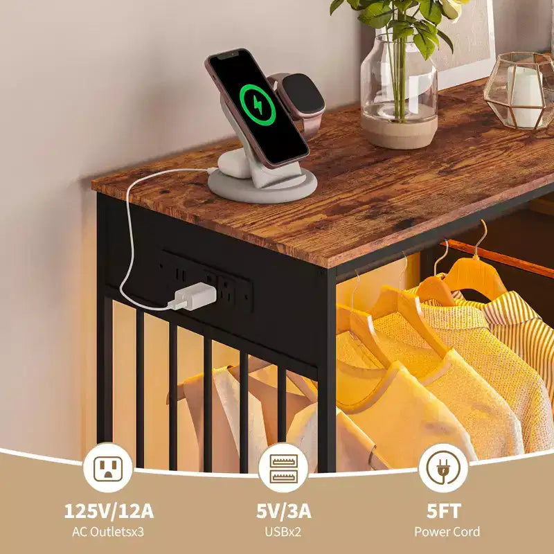 Commode à 6 tiroirs avec penderie, commode avec station de charge et lumières LED, commodes pour enfants avec porte-chaussures, commode pour chambre à coucher